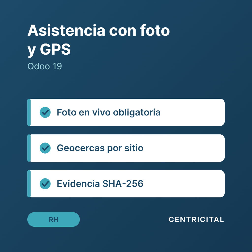 Asistencia con foto en vivo y GPS · Odoo 19